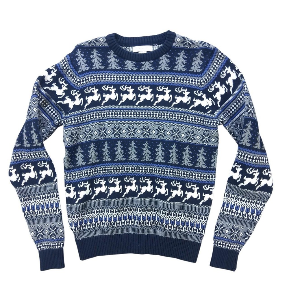 Aspen Navy Blue Fair Isle Reindeer Winter Knit Cotton Crewneck Sweater Mens Med
